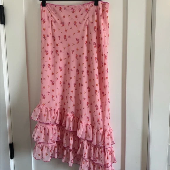 Kimchi Blue Pink Floral Maxi Skirt with Ruffle Tiers - Picture 2 of 3